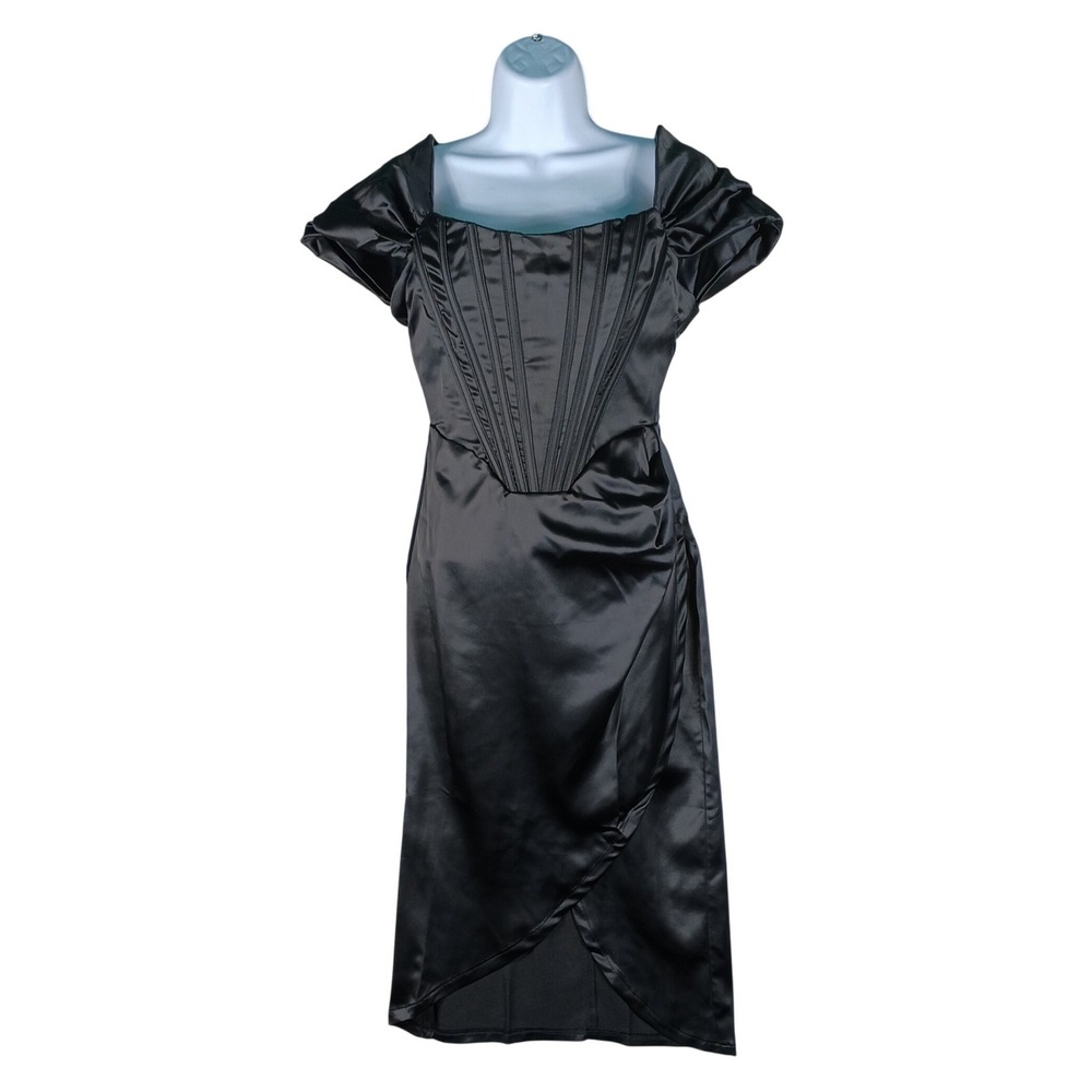 Corset Midi Dress Womens Small Black Satin Cap Sleeve Wrap Skirt Gothic Witchy